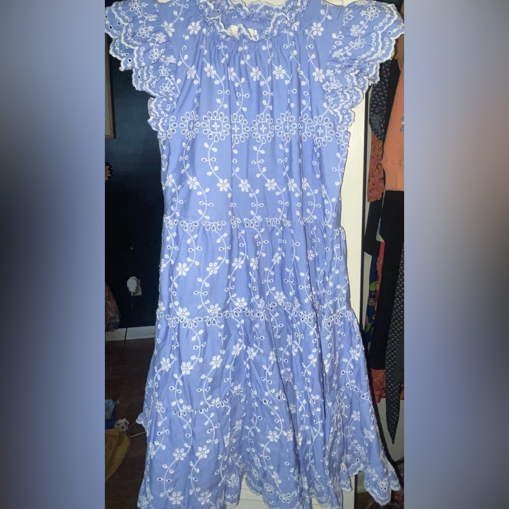 Sail to Sable Ruffle Neck Dress, NWT Hydrangea/White Eyelet Dress, Size Small